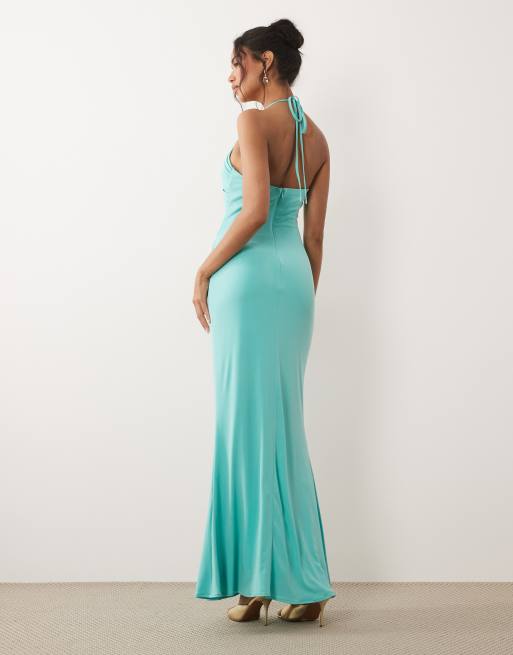 TFNC - Vestito lungo aderente color acqua con spalline sottili e finiture allacciate al collo, 3 di 4