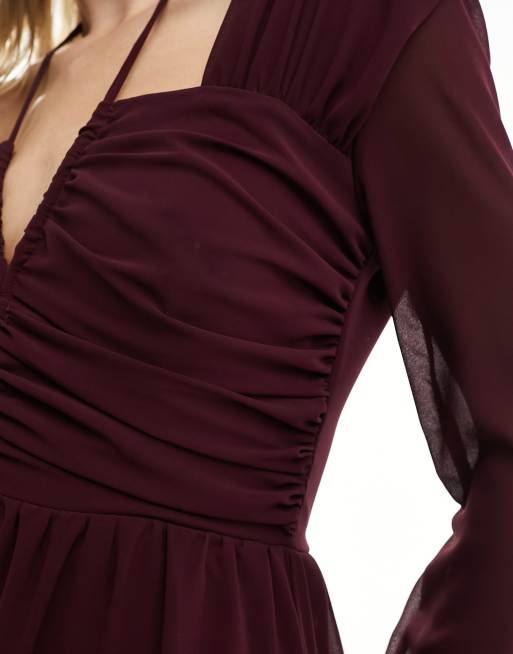 TFNC - Vestito lungo allacciato al collo a maniche lunghe color prugna con cut-out , 2 di 4