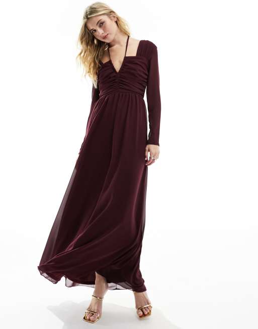 TFNC - Vestito lungo allacciato al collo a maniche lunghe color prugna con cut-out , 3 di 4