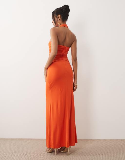 TFNC - Vestito lungo allacciato al collo con finiture arricciate arancione acceso, 4 di 4