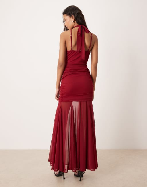 TFNC - Vestito lungo allacciato al collo con gonna trasparente rosso vinaccia, 2 di 4