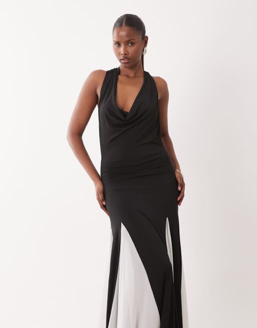 TFNC - Vestito lungo allacciato al collo in chiffon monocromatico con gonna godet a contrasto , 2 di 4
