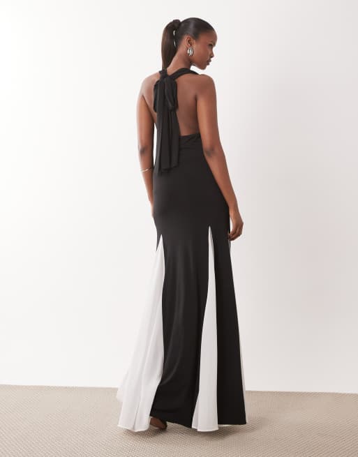 TFNC - Vestito lungo allacciato al collo in chiffon monocromatico con gonna godet a contrasto , 4 di 4