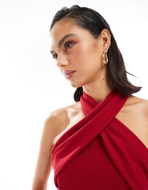 TFNC - Vestito lungo allacciato al collo in crêpe rosso con spacco sulla coscia, 2 di 4