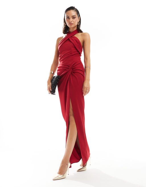 TFNC - Vestito lungo allacciato al collo in crêpe rosso con spacco sulla coscia, 3 di 4