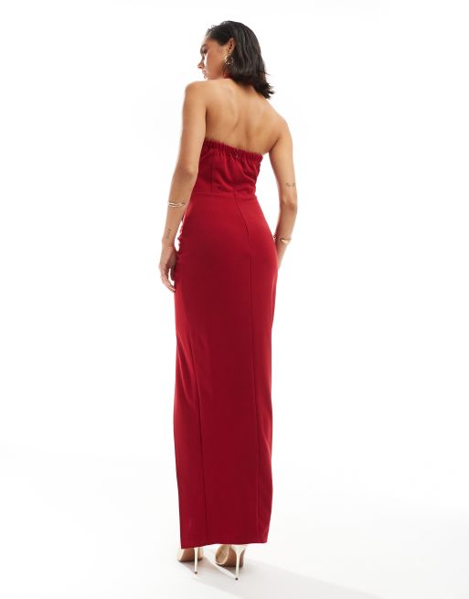 TFNC - Vestito lungo allacciato al collo in crêpe rosso con spacco sulla coscia, 4 di 4