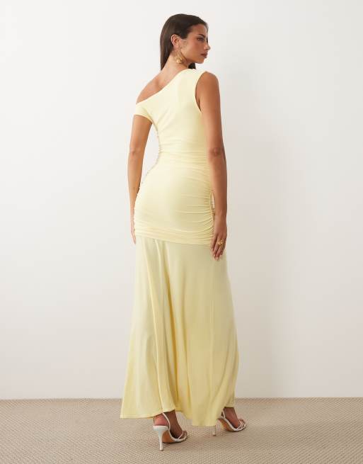 TFNC - Vestito lungo arricciato in rete color limone con spalle scese, 2 di 4