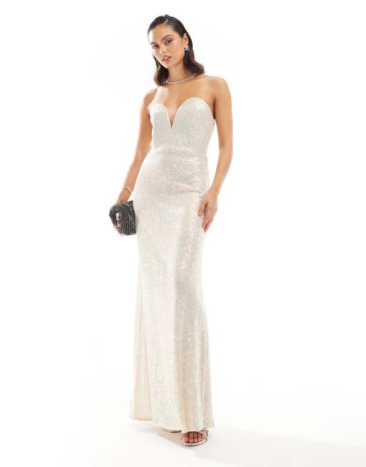 TFNC - Vestito lungo color oro iridescente senza spalline con paillettes