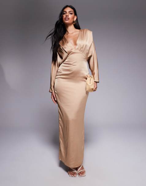 TFNC - Vestito lungo con maniche stile kimono in raso color mocha - view 1