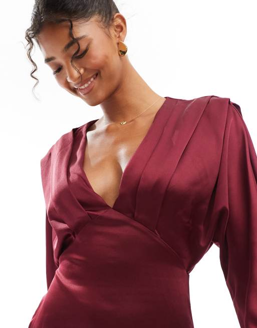 TFNC - Vestito lungo con top stile kimono in raso ruggine intenso, 3 di 4