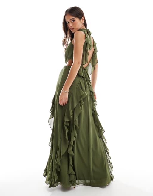 TFNC - Vestito lungo con volant, schiena scoperta e spacco sulla coscia verde oliva, 2 di 4
