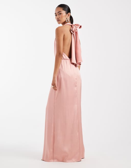 TFNC - Vestito lungo da cerimonia in raso rosa allacciato al collo con scollo profondo e nappe, 2 di 4