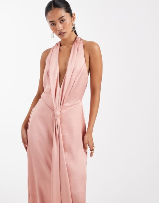 TFNC - Vestito lungo da cerimonia in raso rosa allacciato al collo con scollo profondo e nappe, 4 di 4