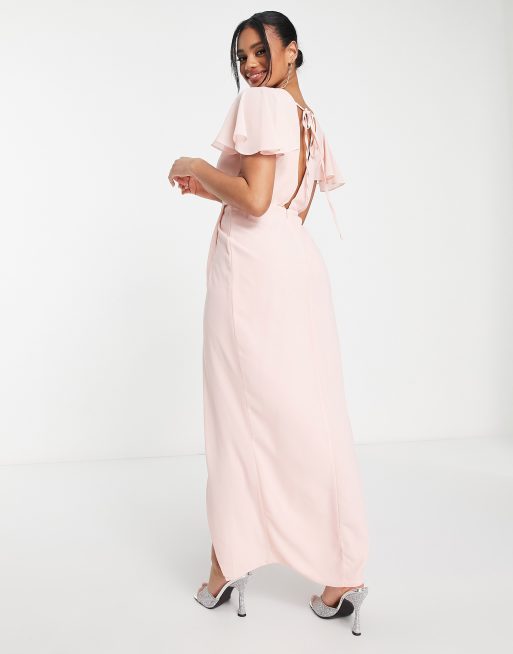 TFNC - Vestito lungo da damigella a portafoglio in chiffon con maniche con volant rosa sussurro, 2 di 4