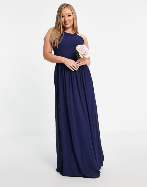 TFNC - Vestito lungo da damigella accollato, colore blu navy a pieghe