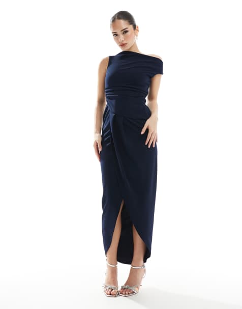 TFNC - Vestito lungo da damigella blu navy con scollo a barchetta e dettagli arricciati - view 1