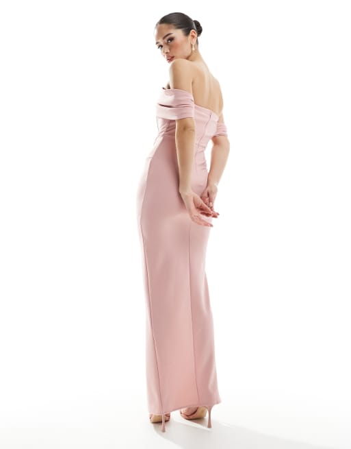 TFNC - Vestito lungo da damigella d'onore rosa polvere con spacco e spalle scese, 3 di 4