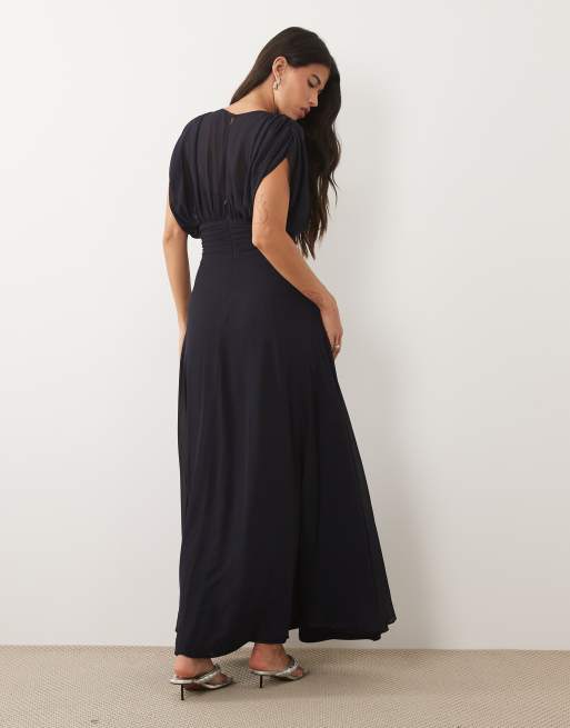 TFNC - Vestito lungo da damigella in chiffon a pieghe blu navy, 3 di 4