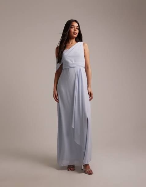 TFNC - Vestito lungo da damigella in chiffon azzurro con spalla scivolata e gonna avvolgente - view 1