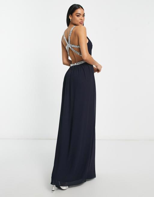 TFNC - Vestito lungo da damigella in chiffon blu navy aperto dietro con decorazioni, 3 di 4