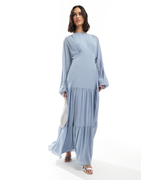 TFNC - Vestito lungo da damigella in chiffon blu polvere con gonna a balze - view 1