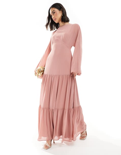 TFNC - Vestito lungo da damigella in chiffon color rosa pallido con gonna a balze - view 1