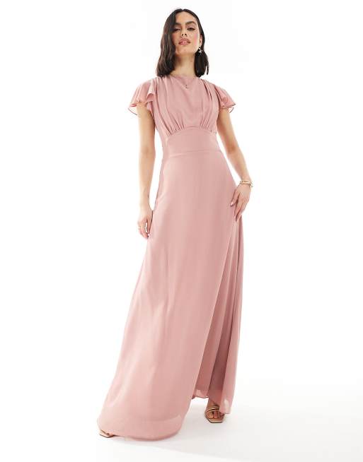 TFNC - Vestito lungo da damigella in chiffon rosa antico con maniche con volant e scollo ad anello sul retro, 2 di 4