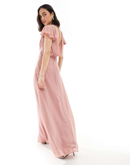 TFNC - Vestito lungo da damigella in chiffon rosa antico con maniche con volant e scollo ad anello sul retro, 4 di 4