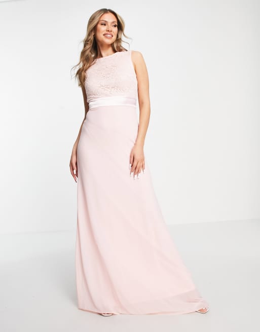 TFNC - Vestito lungo da damigella in chiffon rosa whisper con scollo smerlato sul retro 