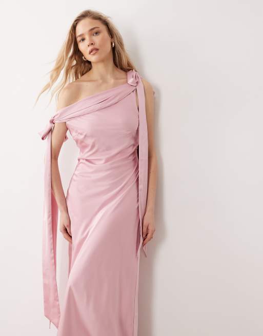 TFNC - Vestito lungo da damigella in raso rosa con spalle scivolate, 2 di 4