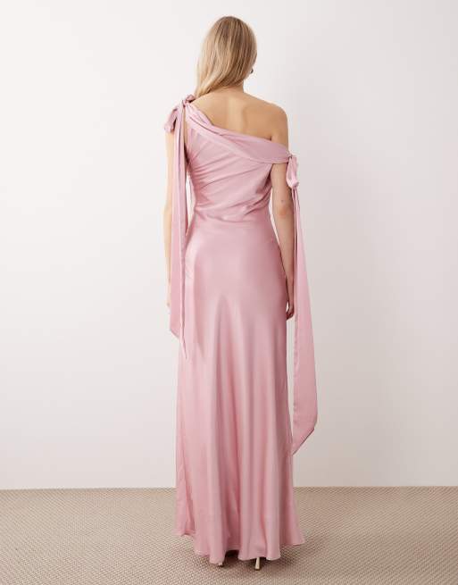 TFNC - Vestito lungo da damigella in raso rosa con spalle scivolate, 4 di 4