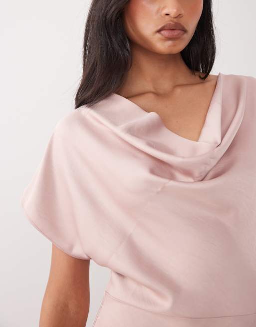 TFNC - Vestito lungo da damigella in raso rosa polvere con spalle scese e taglio sbieco , 2 di 4