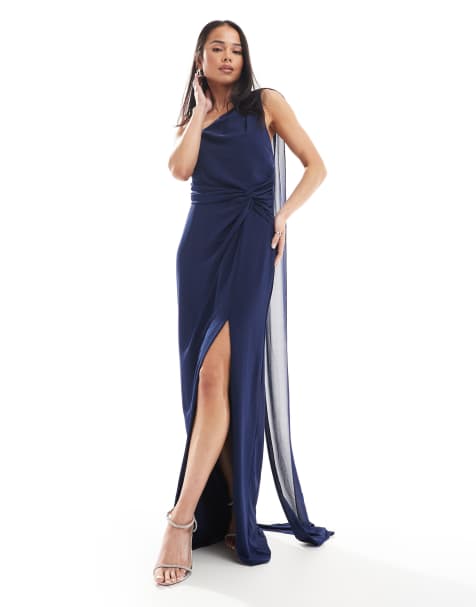 TFNC - Vestito lungo da damigella monospalla blu navy con dettaglio attorcigliato sul davanti e sciarpa - view 1