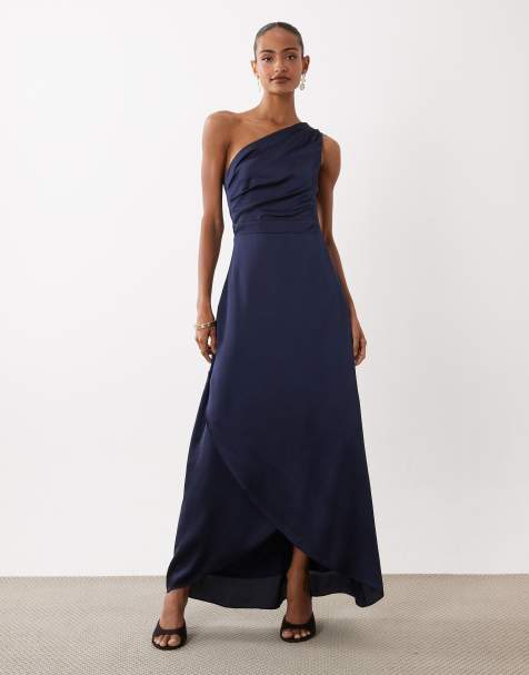 TFNC - Vestito lungo da damigella monospalla in raso blu navy con gonna avvolgente - view 1