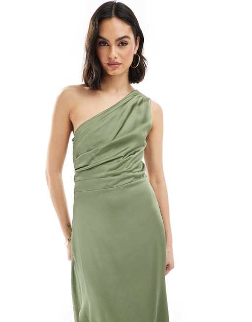 TFNC - Vestito lungo da damigella monospalla in raso verde scuro con gonna avvolgente, 3 di 4