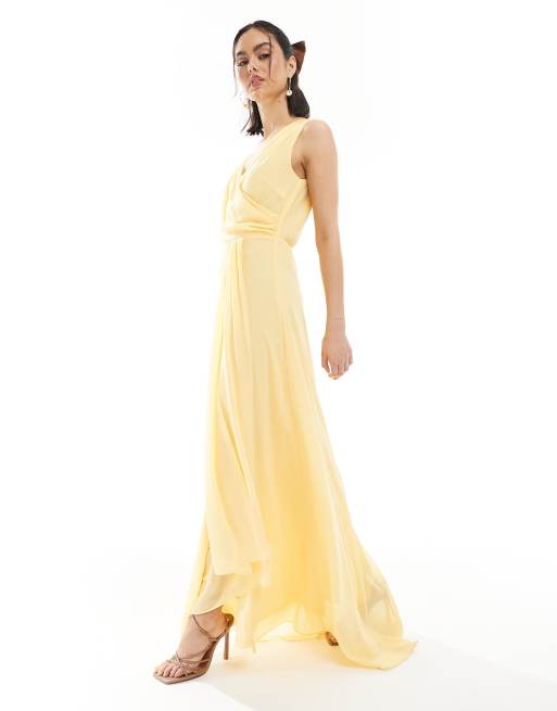TFNC - Vestito lungo da damigelle d'onore in chiffon color limone con gonna avvolgente