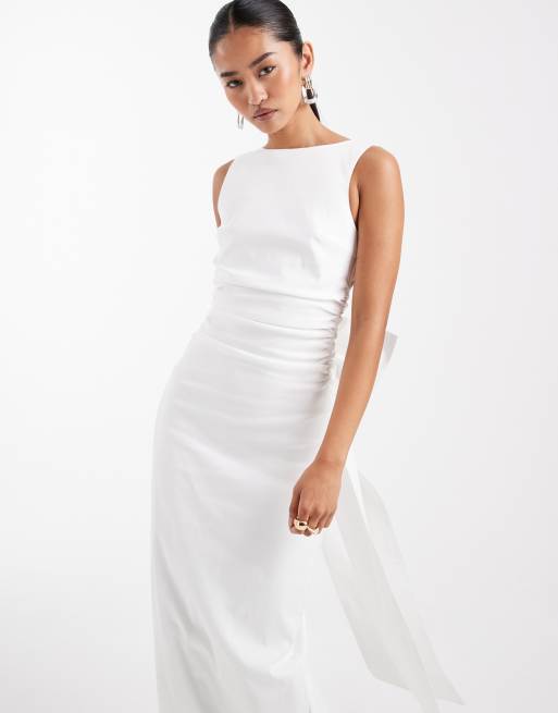 TFNC - Vestito lungo da sposa in bengalina color avorio con fiocco sulla schiena, 3 di 4