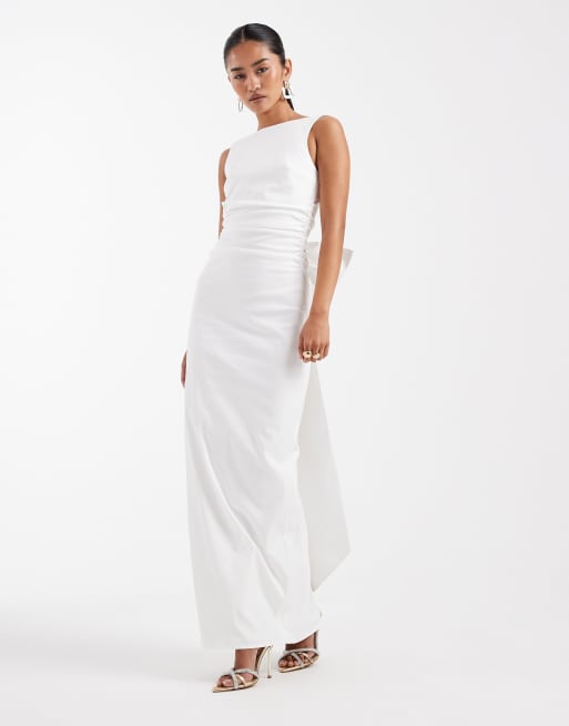 TFNC - Vestito lungo da sposa in bengalina color avorio con fiocco sulla schiena, 4 di 4