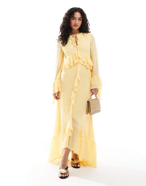 TFNC - Vestito lungo in chiffon con volant giallo pallido - view 1