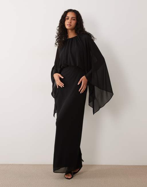 TFNC vestito lungo in chiffon nero con dettaglio mantella, 1 di 4