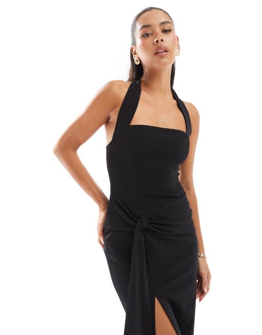 TFNC - Vestito lungo in crêpe nero con scollo squadrato e drappeggio in vita, 2 di 4