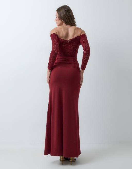 TFNC vestito lungo in pizzo e aderente con dettaglio drappeggiato, bordeaux, 5 di 5
