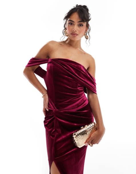 TFNC - Vestito lungo in velluto bordeaux con spalle scoperte - view 1
