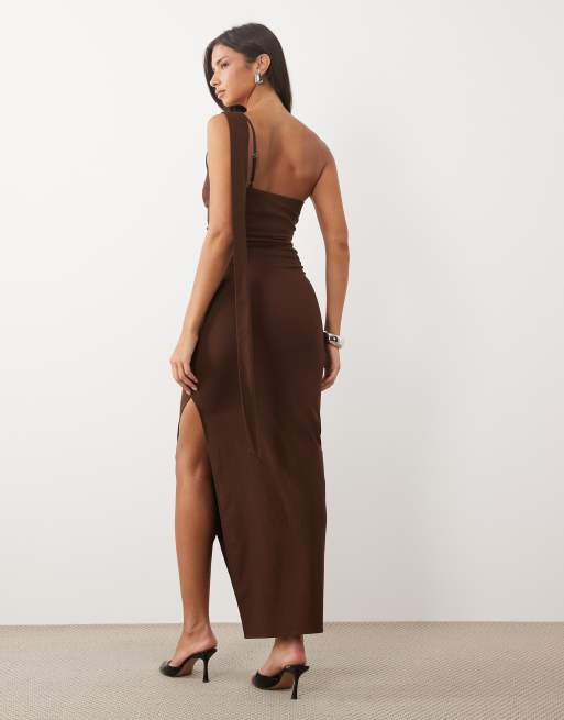 TFNC vestito lungo monospalla drappeggiato in bengalina color cioccolato, 4 di 4