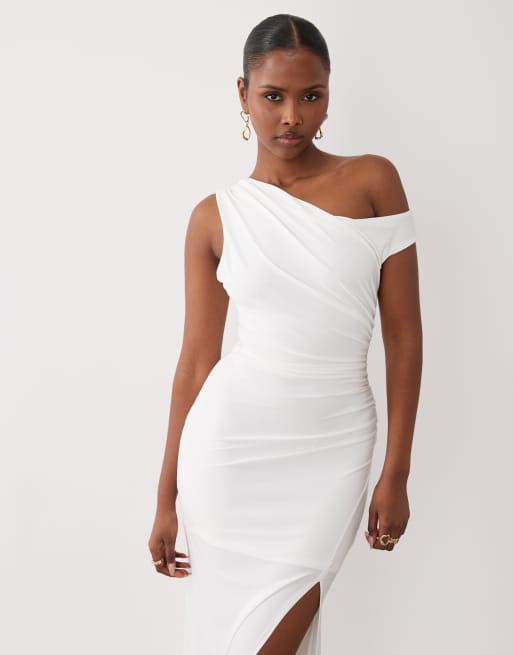 TFNC - Vestito lungo monospalla in jersey bianco con spacco sulla coscia, 3 di 4