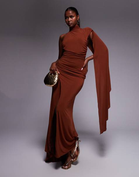 TFNC - Vestito lungo monospalla marrone caffè con mantella sul retro - view 1