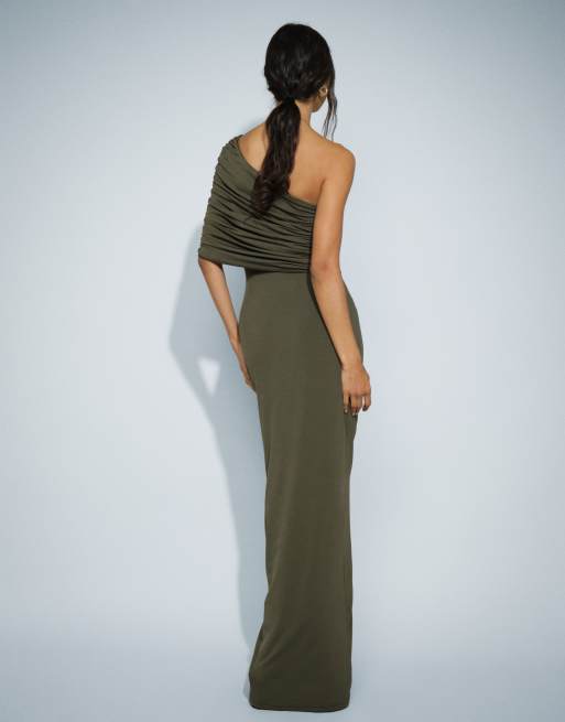 TFNC - Vestito lungo monospalla sinuoso drappeggiato verde oliva, 3 di 5