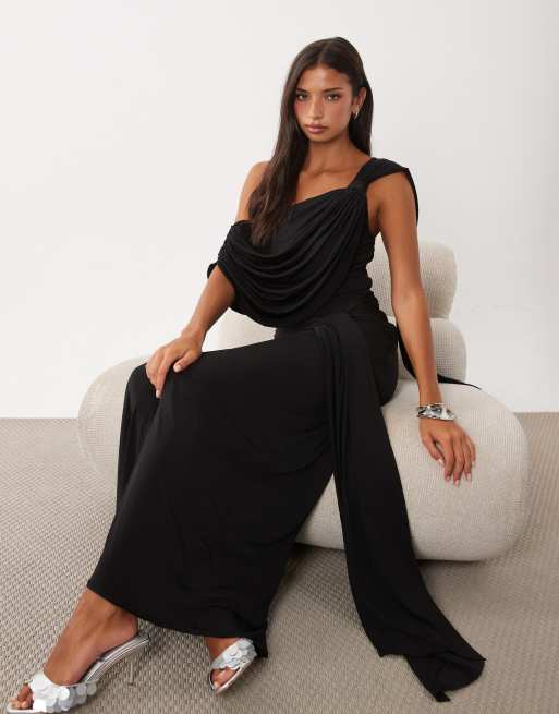 TFNC vestito lungo nero con drappeggio fluido, spalle scoperte e dettaglio annodato, 1 di 4