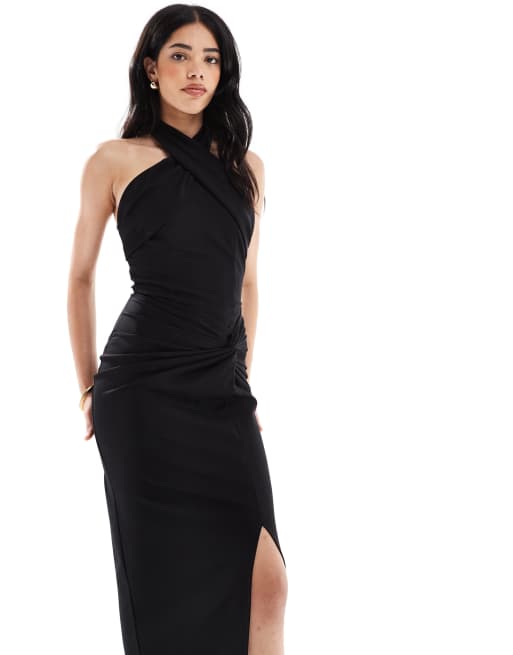 TFNC - Vestito lungo nero in crêpe allacciato al collo con spacco sulla coscia, 2 di 4