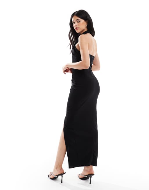 TFNC - Vestito lungo nero in crêpe allacciato al collo con spacco sulla coscia, 3 di 4